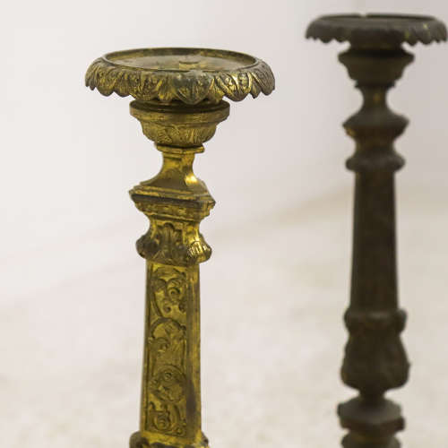 Two Tall Cast Metal Candlesticks