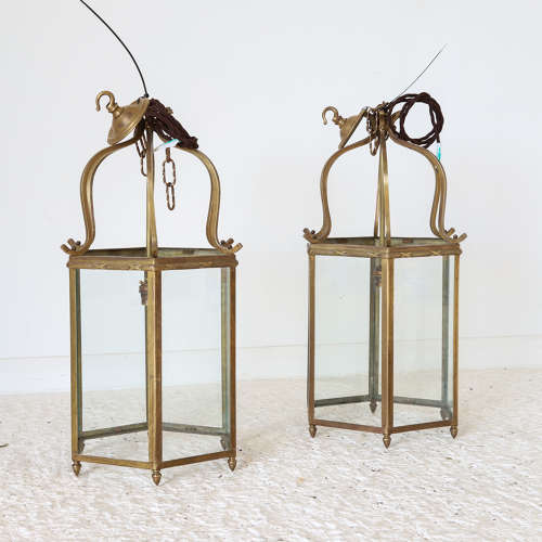 2 x Substantial 20th Century Brass Frame Hexagonal Hall Lantern