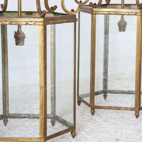 2 x Substantial 20th Century Brass Frame Hexagonal Hall Lantern