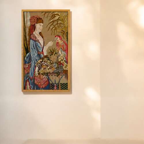 Tapestry & petit point picture in contemporary frame with non reflective glass c 1950s