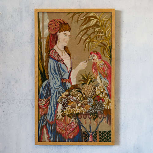 Tapestry & petit point picture in contemporary frame with non reflective glass c 1950s