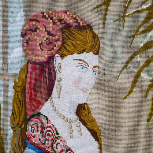 Tapestry & petit point picture in contemporary frame with non reflective glass c 1950s
