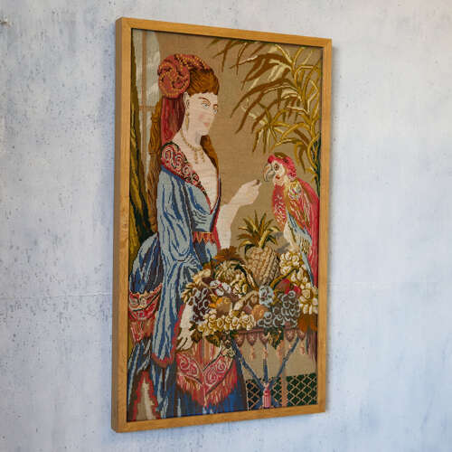 Tapestry & petit point picture in contemporary frame with non reflective glass c 1950s