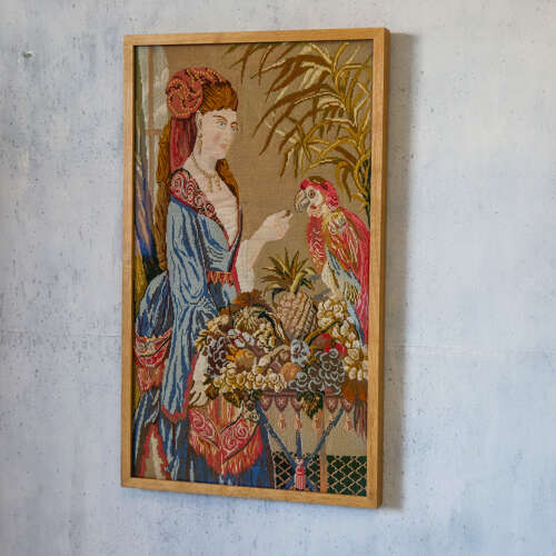 Tapestry & petit point picture in contemporary frame with non reflective glass c 1950s