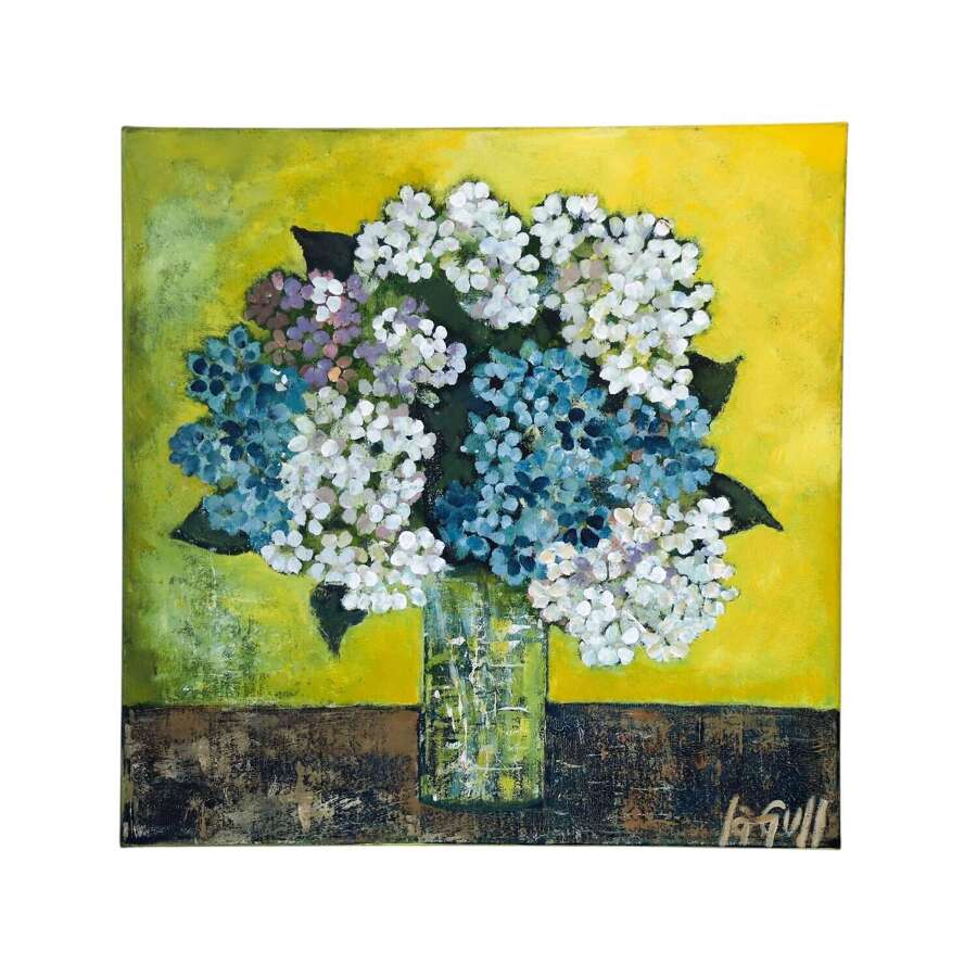 French 1976 Hydrangea Still Life Oil Painting &ndash; Contemporary Floral Elegance