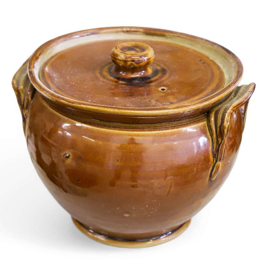 French Early 20th Century Terre de Fer Brown Glazed Serving Bowl or Flour Bowl with Lid