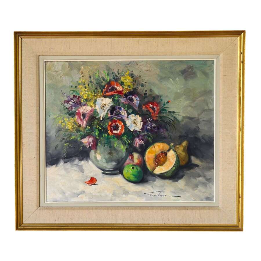Charming English Still Life: Anemones & Fruit, 1940s-50s, Gilt Moulded Frame