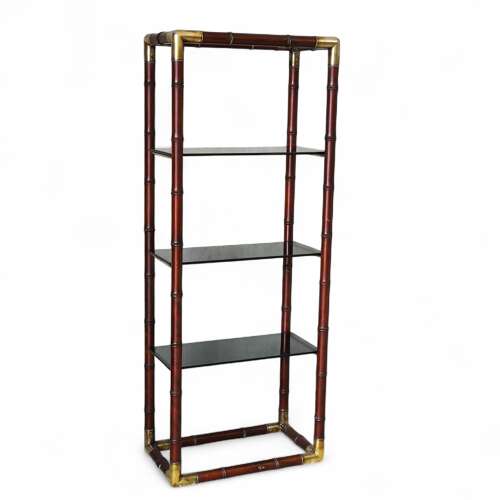 1980's Italian Mahogany Faux Bamboo Smoked Glass Étagère