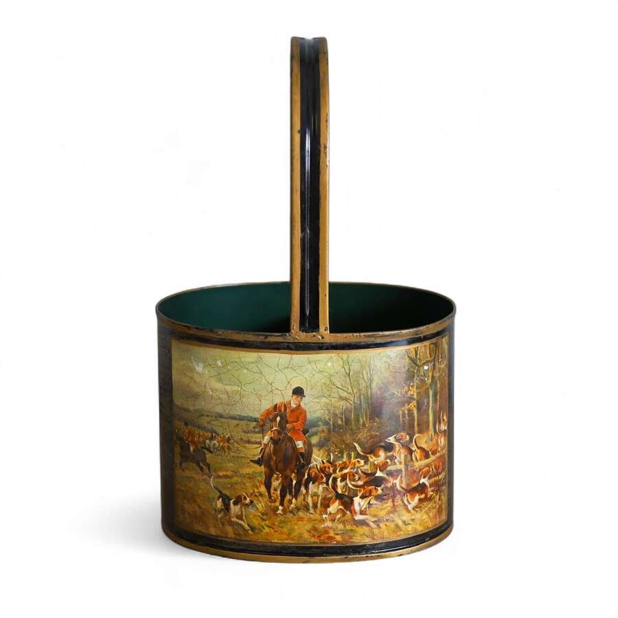 Antique hand‑painted double wine bottle holder with hunting scene, early 20th century