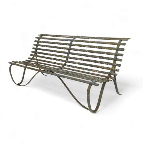 19th Century Wrought Iron Strapwork Garden Bench with Scrolled Legs & Old Green Paint