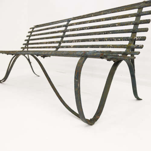 19th Century Wrought Iron Strapwork Garden Bench with Scrolled Legs & Old Green Paint