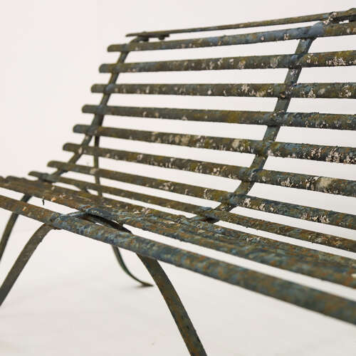 19th Century Wrought Iron Strapwork Garden Bench with Scrolled Legs & Old Green Paint