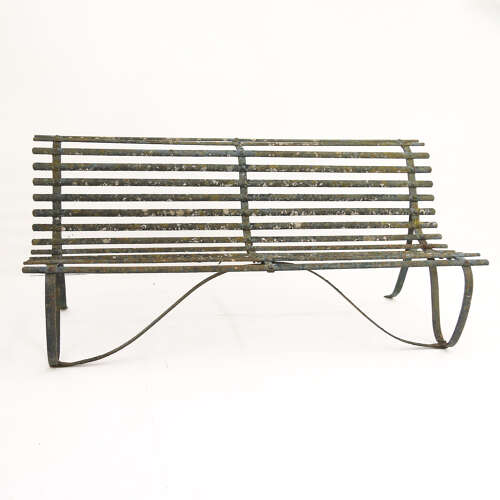 19th Century Wrought Iron Strapwork Garden Bench with Scrolled Legs & Old Green Paint