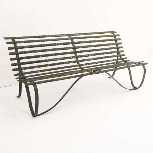 19th Century Wrought Iron Strapwork Garden Bench with Scrolled Legs & Old Green Paint