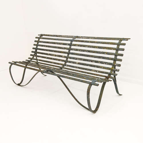 19th Century Wrought Iron Strapwork Garden Bench with Scrolled Legs & Old Green Paint