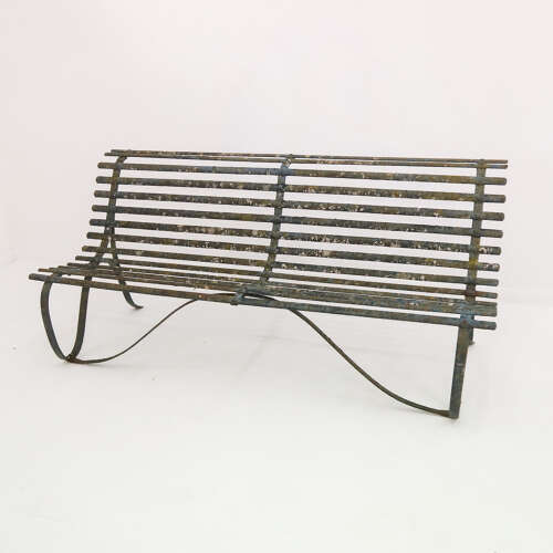 19th Century Wrought Iron Strapwork Garden Bench with Scrolled Legs & Old Green Paint