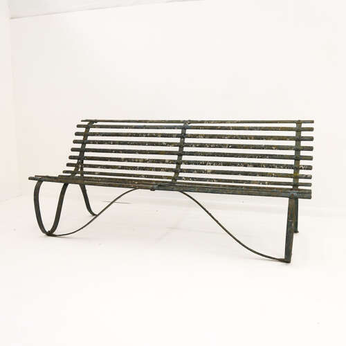 19th Century Wrought Iron Strapwork Garden Bench with Scrolled Legs & Old Green Paint