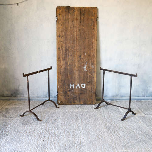 Early 20th Century Pine and Iron Trestle Work Table - England, Circa 1900