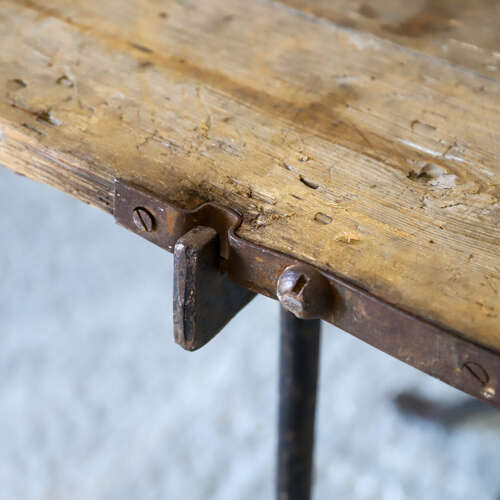 Early 20th Century Pine and Iron Trestle Work Table - England, Circa 1900