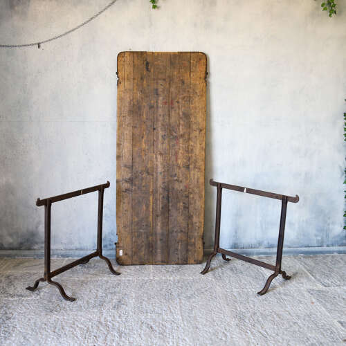 Early 20th Century Pine and Iron Trestle Work Table - England, Circa 1900