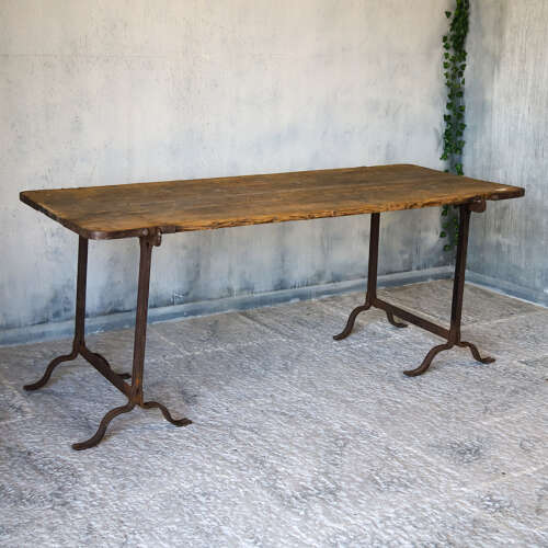 Early 20th Century Pine and Iron Trestle Work Table - England, Circa 1900