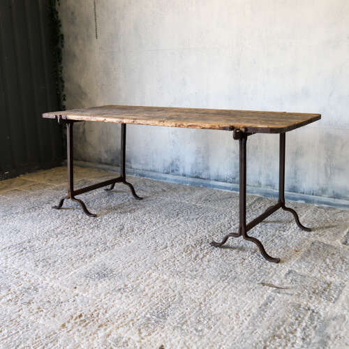Early 20th Century Pine and Iron Trestle Work Table - England, Circa 1900