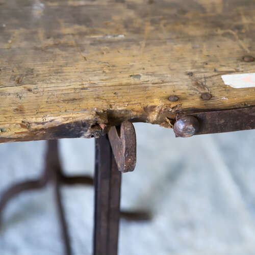 Early 20th Century Pine and Iron Trestle Work Table - England, Circa 1900