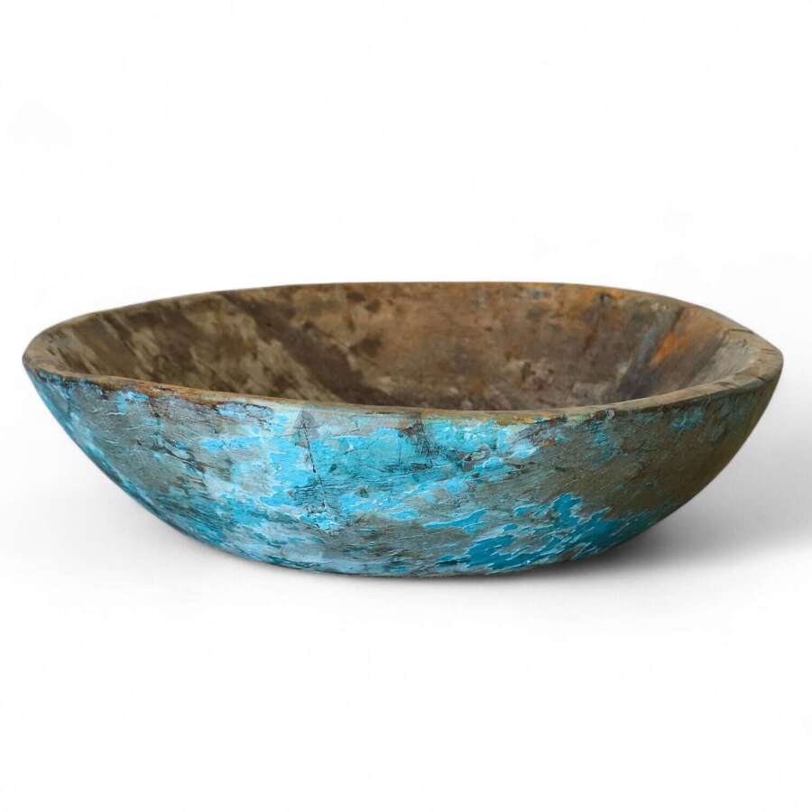 Large 1920s Hardwood Dough Proving Bowl - Original Striking Blue Exterior & Rustic Patina