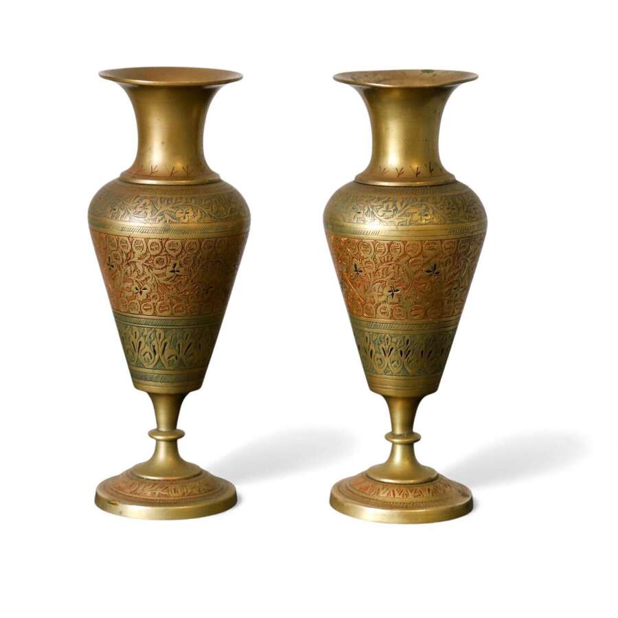 Pair of Mid-20th-Century Hand-Engraved Brass Vases - Decorative Indian Metalwork