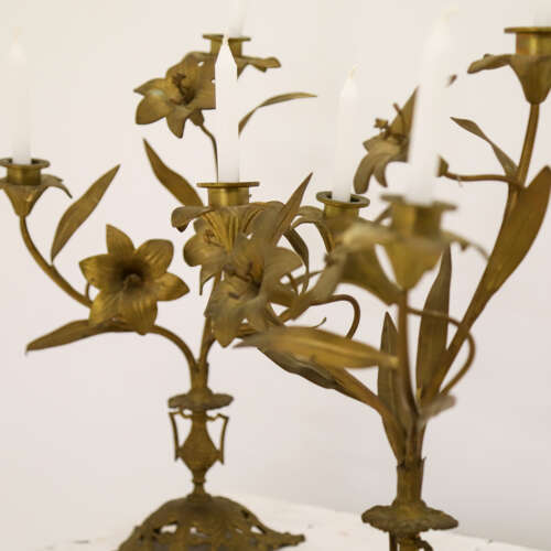 Pair of Antique French Gilt Church Candelabra with Floral Branches, c.1900