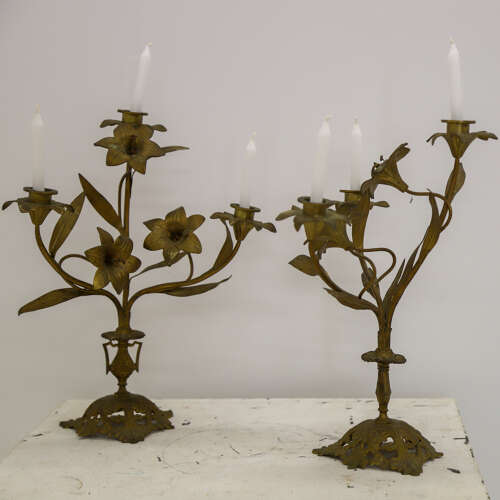 Pair of Antique French Gilt Church Candelabra with Floral Branches, c.1900
