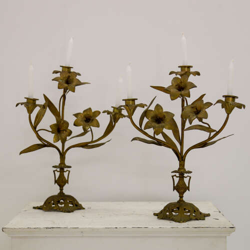 Pair of Antique French Gilt Church Candelabra with Floral Branches, c.1900