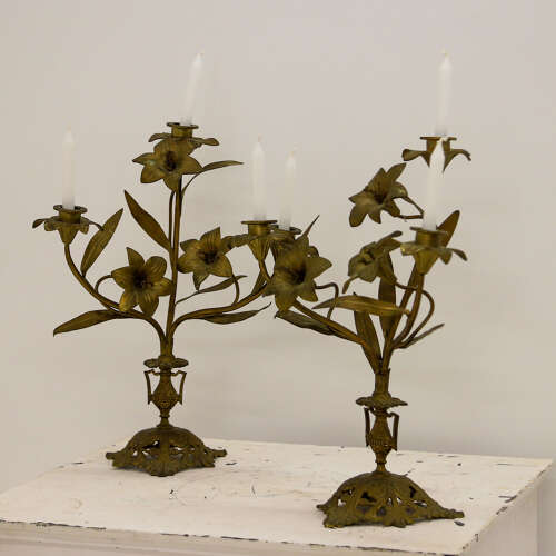 Pair of Antique French Gilt Church Candelabra with Floral Branches, c.1900