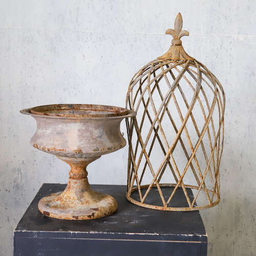Vintage Metal Campana‑Shaped Urn with Removable Trellis Top