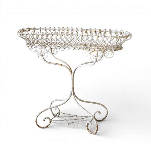 19th Century English Wrought Iron Plant Stand with Scrollwork and Lattice Basket Top