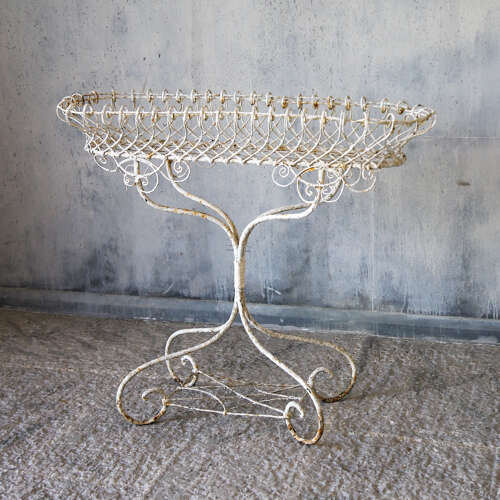 19th Century English Wrought Iron Plant Stand with Scrollwork and Lattice Basket Top