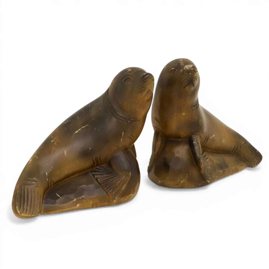 Highly Decorative Pair of Mid‑Century Seal Sculptures - 1950s Carved Figures