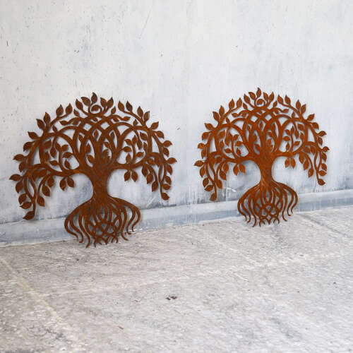 Pair of 1970s Weathered Metal Tree Wall Hangings - English Decorative Art