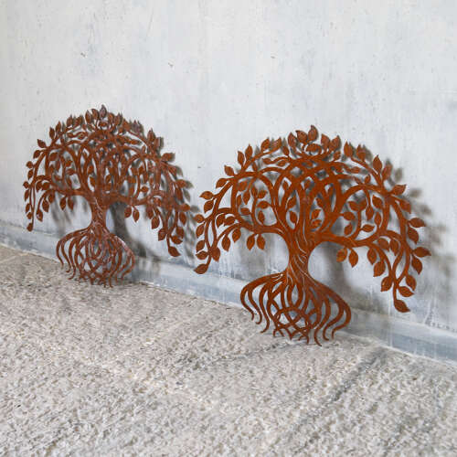 Pair of 1970s Weathered Metal Tree Wall Hangings - English Decorative Art