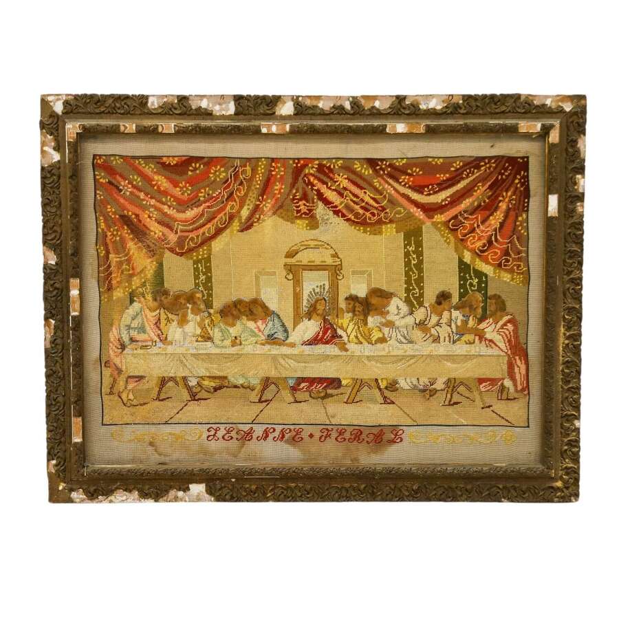 Antique French Devotional Needlepoint Wall Art Tapestry - Last Supper with Painted Faces