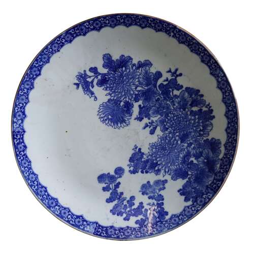 Large 19th‑Century Blue‑and‑White Chrysanthemum Charger