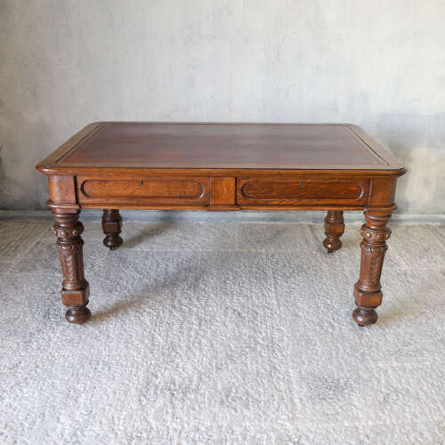 19th Century English Oak Gothic Revival Library Table with Leather Writing Surface