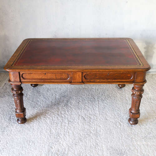19th Century English Oak Gothic Revival Library Table with Leather Writing Surface