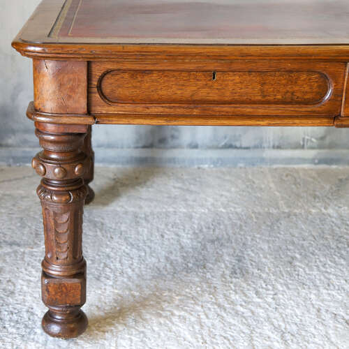 19th Century English Oak Gothic Revival Library Table with Leather Writing Surface