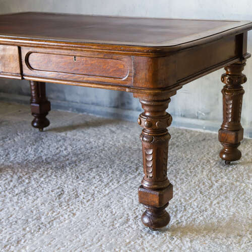 19th Century English Oak Gothic Revival Library Table with Leather Writing Surface