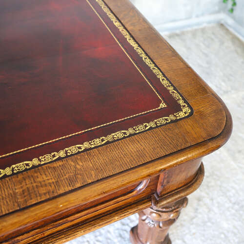 19th Century English Oak Gothic Revival Library Table with Leather Writing Surface