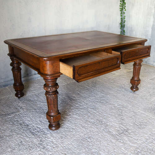 19th Century English Oak Gothic Revival Library Table with Leather Writing Surface