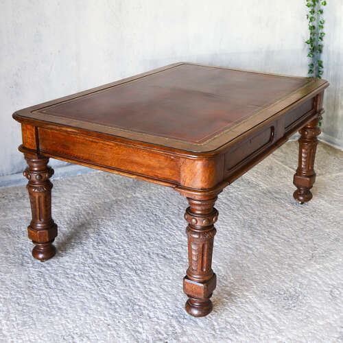 19th Century English Oak Gothic Revival Library Table with Leather Writing Surface