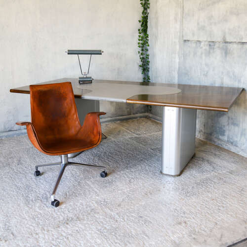 Large Industrial Desk - Aged Oak Top, Grey Leather & Aviation Style Pedestals c.1970s-80s