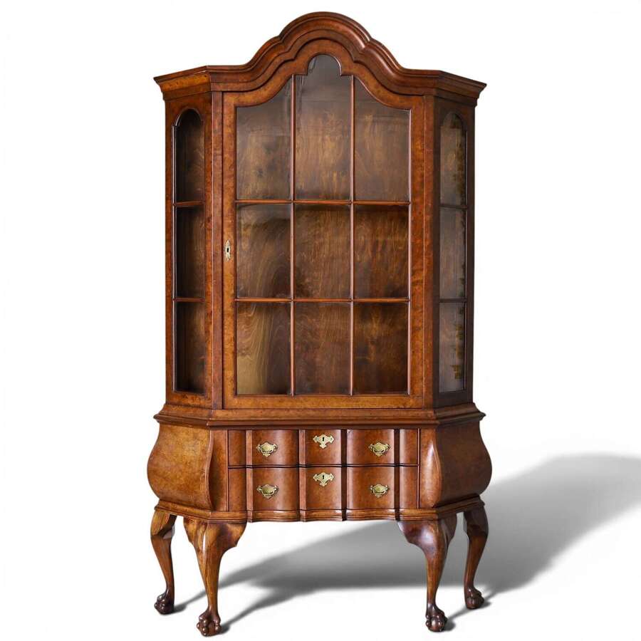 Dutch Walnut‑Veneered Bookcase with Glazed Upper Cabinet, Circa 1920s